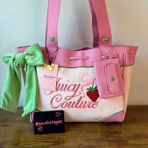 New Juicy Couture Retro Strawberry Daydreamer Pink Green Bow Tote Handbag Y2K